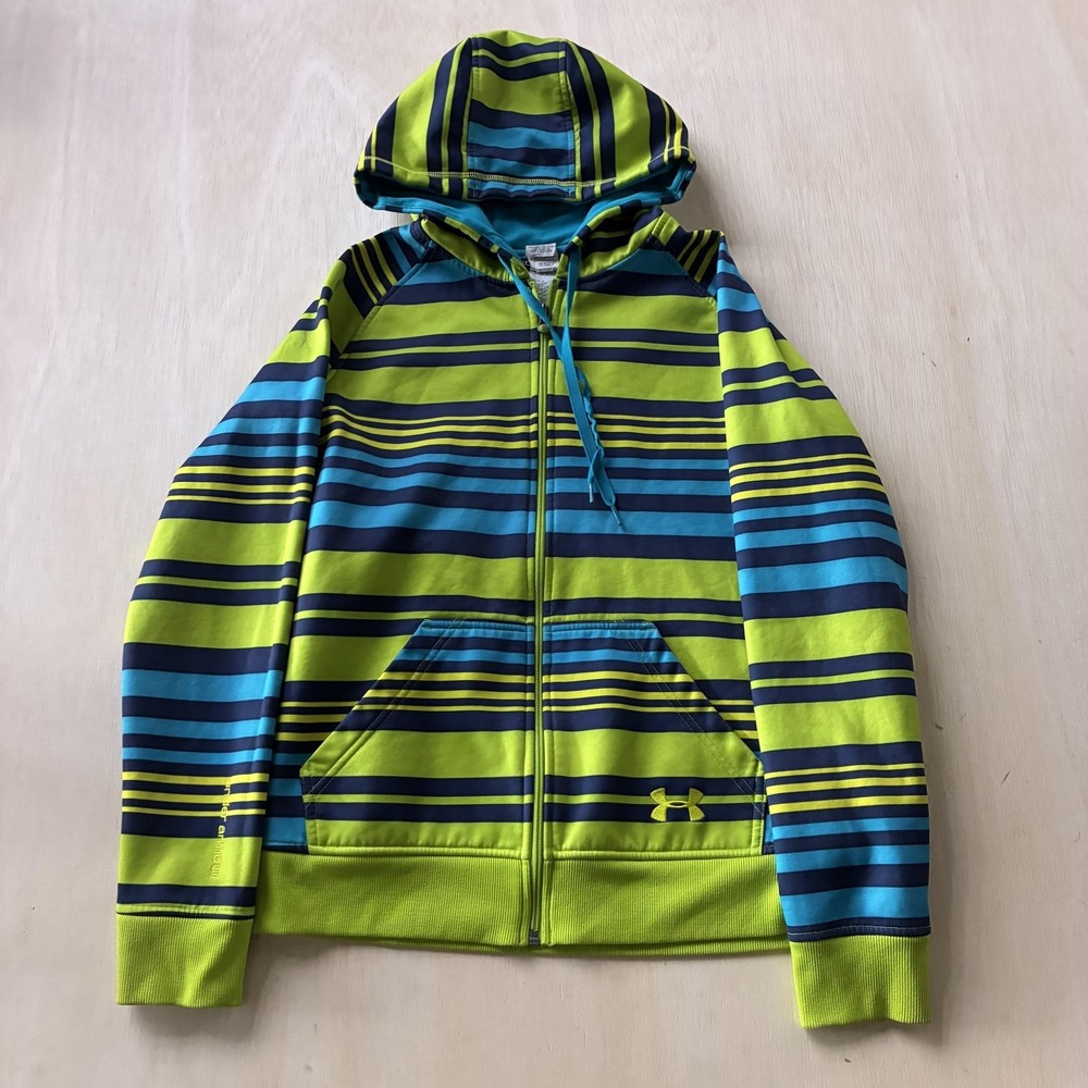 Under Armour Hoodie Womens Small Green Striped Full Zip Fleece Sweatshirt Logo